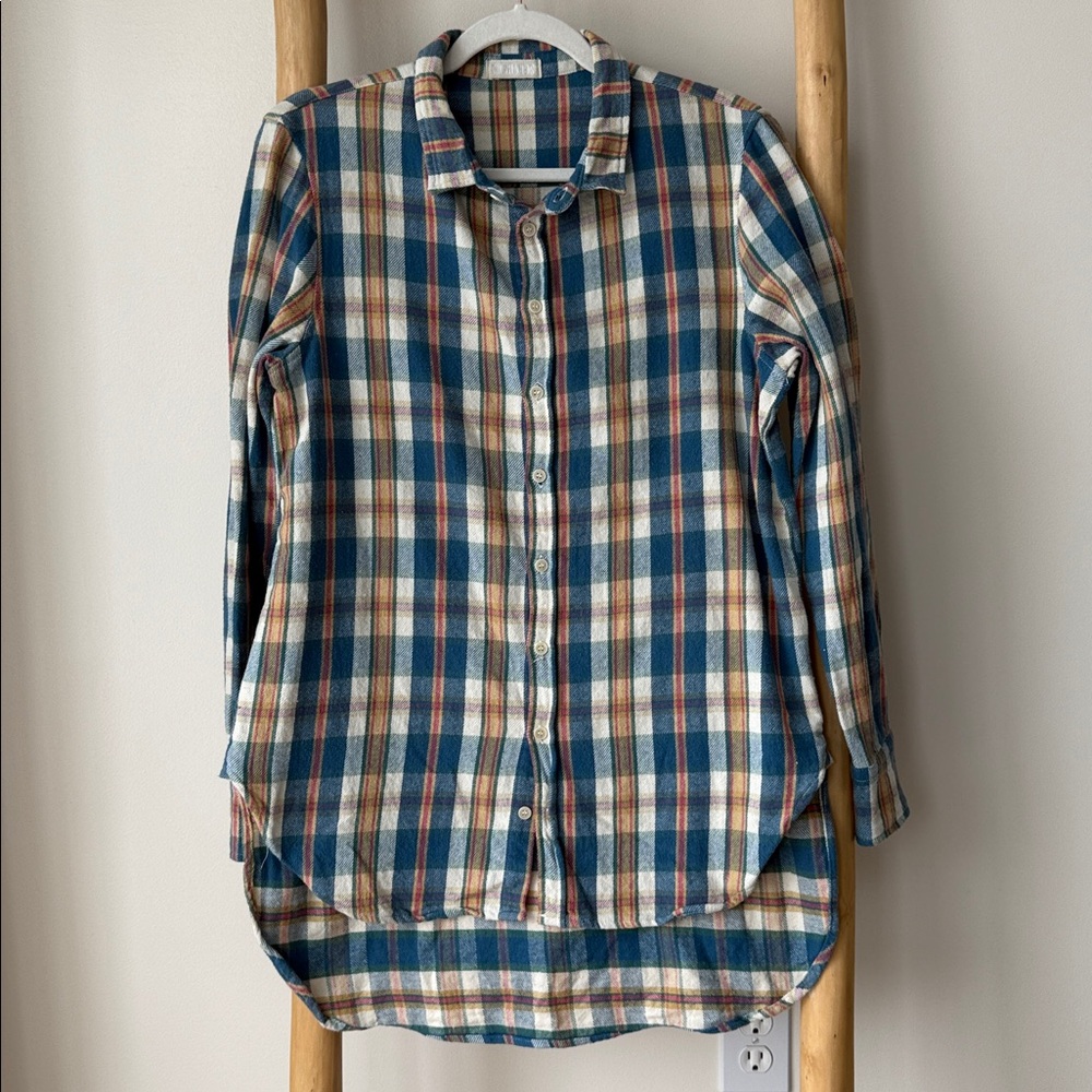 CP Shades Free People Plaid Flannel Long Button Shirt blue Pink Yellow M